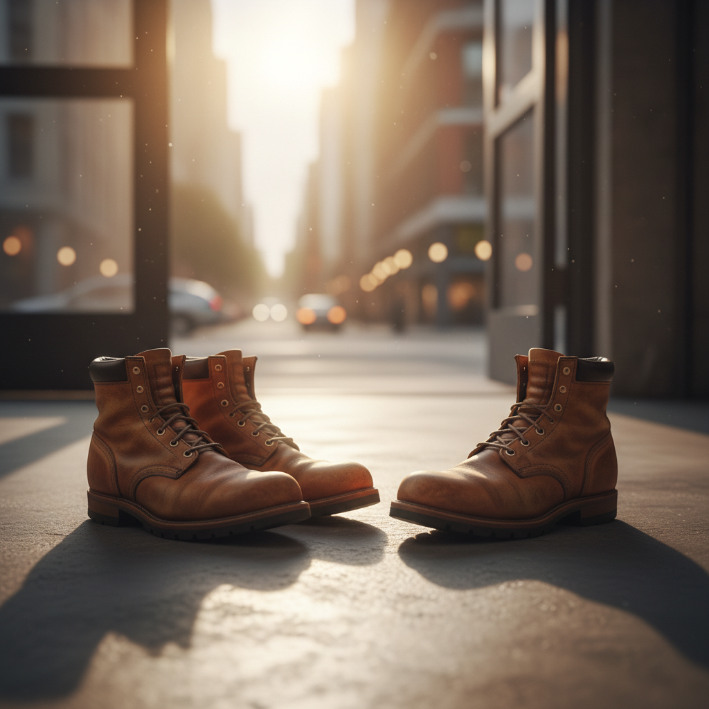 A pair of well-worn leather boots standing side by side on a concrete floor, toes slightly angled toward each other as if in mid-conversation, but with no legs or person visible. The boots show subtle scuffs, softened creases, and warm brown tones that tell a story of years of use. Soft golden hour sunlight enters from a high window, casting elongated shadows behind them and creating a dignified, honest atmosphere. In the blurred background, an out-of-focus city street glows through a doorway. Photographic realism with an eye-level composition, using rule-of-thirds framing and a shallow depth of field to keep the boots in crisp focus while the environment gently fades away.