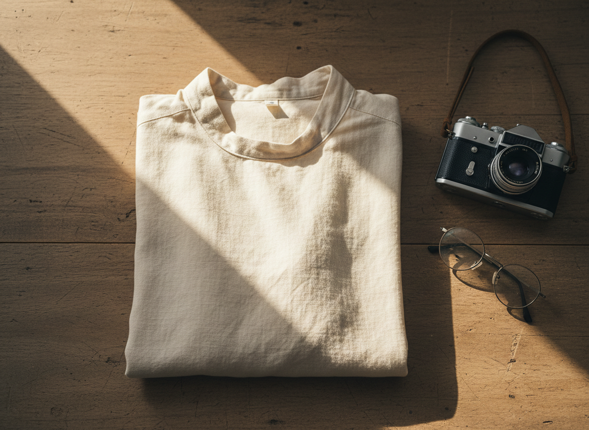 A neatly folded, cream-colored linen shirt laid flat on a simple wooden tabletop, with the faint impression of a human form in its natural creases but no body present. The fabric’s subtle texture and soft shadows suggest warmth and familiarity. Beside it lies a vintage 35mm film camera and a pair of round spectacles, hinting at a storyteller’s presence. Gentle, diffused window light from the left creates a calm, honest glow, emphasizing the natural fibers and muted tones. Photographic realism with a minimalist, professional composition, shot from directly above with a shallow depth of field that blurs the wooden grain toward the edges, suggesting quiet, authentic people photography without showing any person.