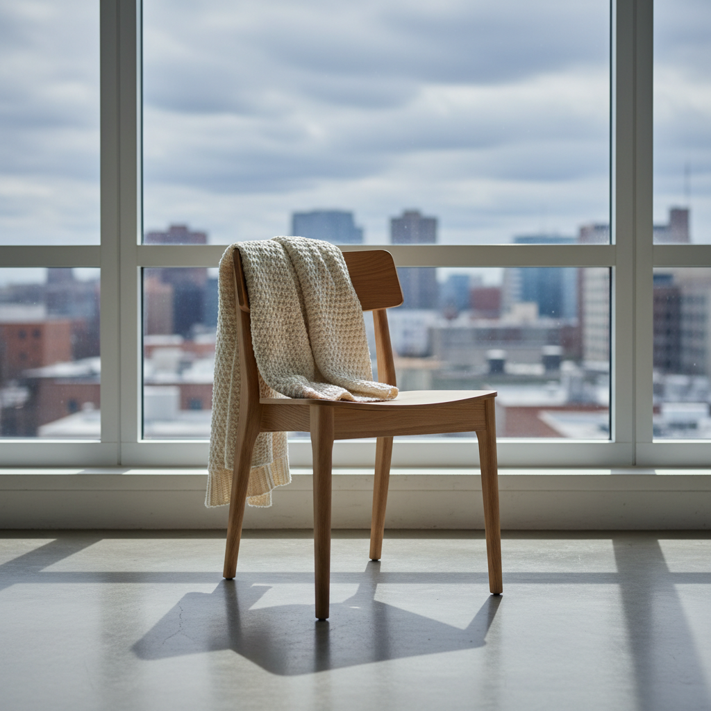 A simple, unoccupied wooden chair with a smooth, natural finish placed near a large loft window, angled slightly toward the light. A soft, neutral-toned throw is draped over the backrest, forming gentle folds that hint at recent use but show no person. Outside the window, an out-of-focus urban skyline and cloudy sky create a muted gray-blue backdrop. Diffused overcast daylight pours in, wrapping the chair in soft, honest illumination and casting a faint shadow on the polished concrete floor. Photographic realism with a clean, modern aesthetic, shot at eye level with centered composition and moderate depth of field, conveying quiet anticipation and the essence of people photography through absence.