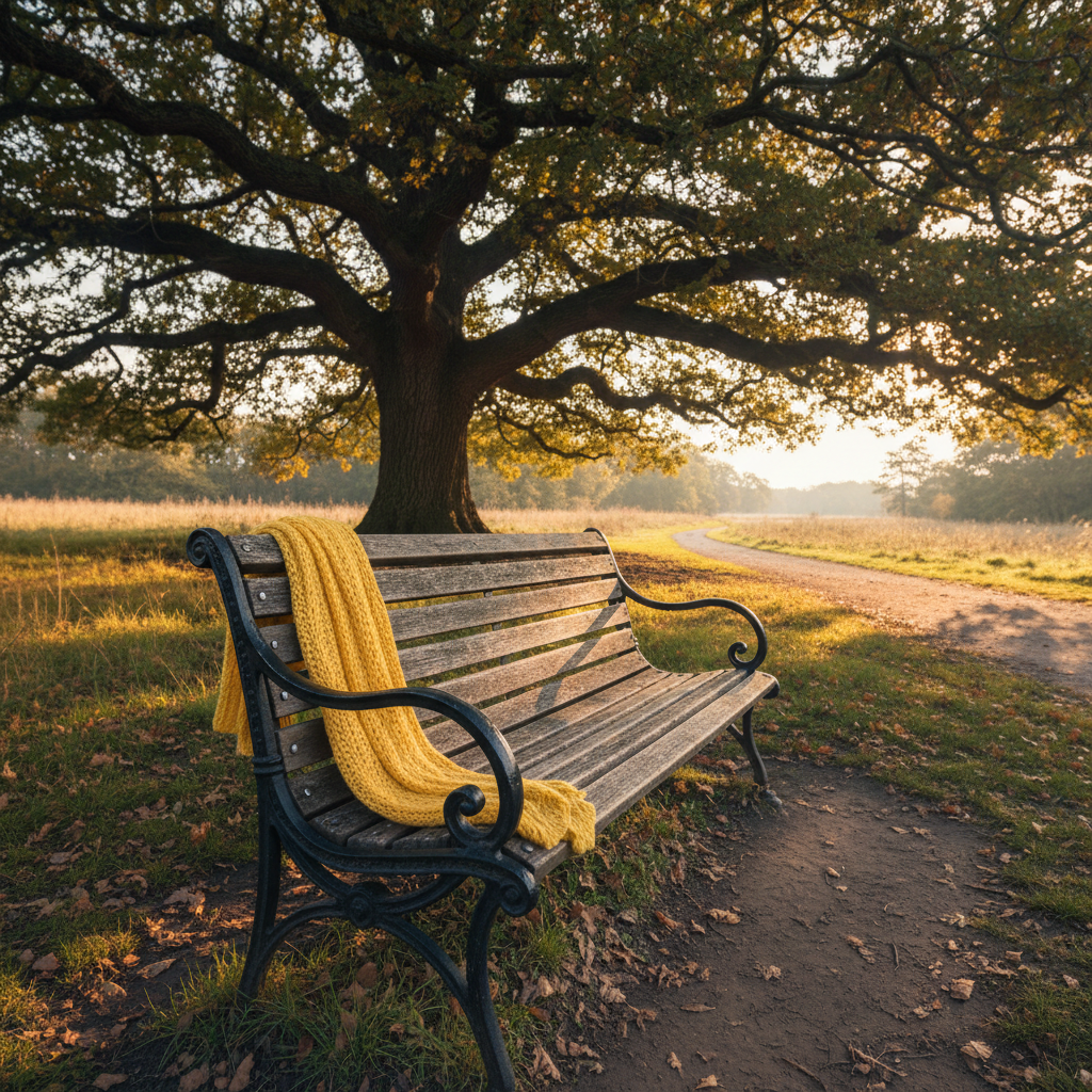 An empty park bench made of weathered wood and dark metal arms, positioned under a large tree whose branches cast dappled patterns on the seat. A single, vibrant yellow scarf is casually looped over one armrest, its soft woven fibers catching the light, implying a recent human presence without showing anyone. Late afternoon sun filters through the leaves, casting warm, shifting highlights and gentle shadows across the scene. In the distance, an out-of-focus walking path curves away, completely devoid of people. Photographic realism with a slightly low angle and rule-of-thirds composition, moderate depth of field isolating the bench while keeping the background legible, creating a serene, reflective mood.