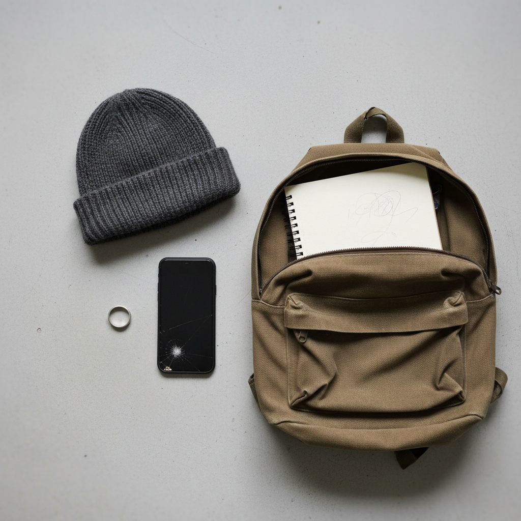 A collection of everyday personal objects arranged on a clean, pale concrete floor: a slightly scuffed smartphone with a cracked corner, a simple silver ring, a knitted beanie, and a worn canvas backpack unzipped just enough to reveal a sketchbook inside. No human is present, yet the layout suggests someone has just set them down. Soft studio lighting from above creates delicate, honest shadows and subtle highlights on the varied textures. The color palette is muted and natural, emphasizing browns, grays, and off-whites. Photographic realism with a top-down composition and shallow depth of field that keeps the central objects in perfect focus while the edges gently blur, conveying a candid, documentary feel.