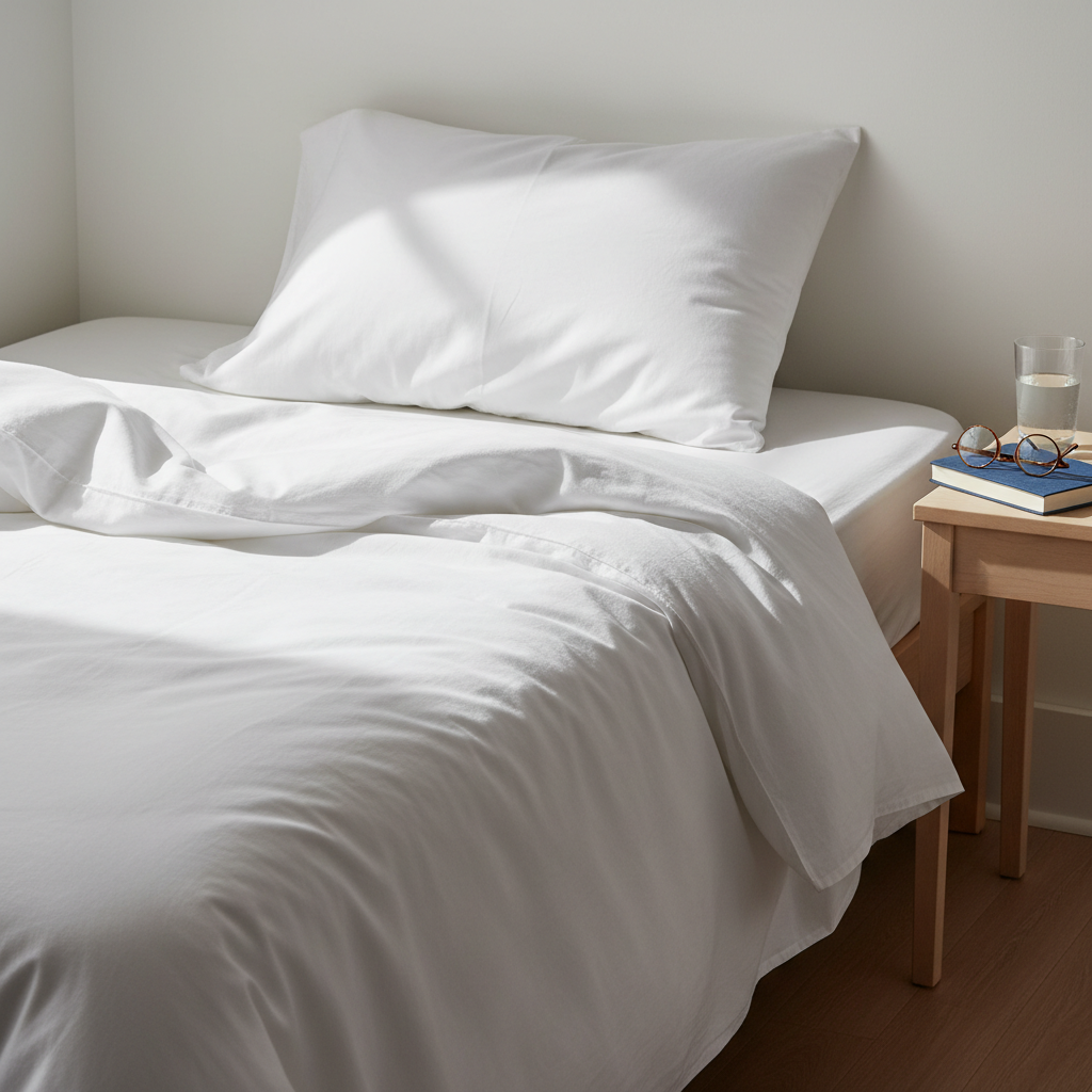A neatly made bed with crisp white cotton sheets and a single, slightly indented pillow, suggesting someone has just risen but is no longer there. The duvet is folded back with natural, unstyled wrinkles, adding texture and authenticity. A pair of reading glasses and a closed, clothbound journal rest on the bedside table alongside a simple glass of water. Morning sunlight streams in from an unseen window, creating bright patches and soft, directional shadows that emphasize the fabric’s details. Photographic realism with a minimalist, professional aesthetic, captured from a standing, three-quarter angle with rule-of-thirds framing, evoking a quiet, intimate moment of everyday life without showing any person.