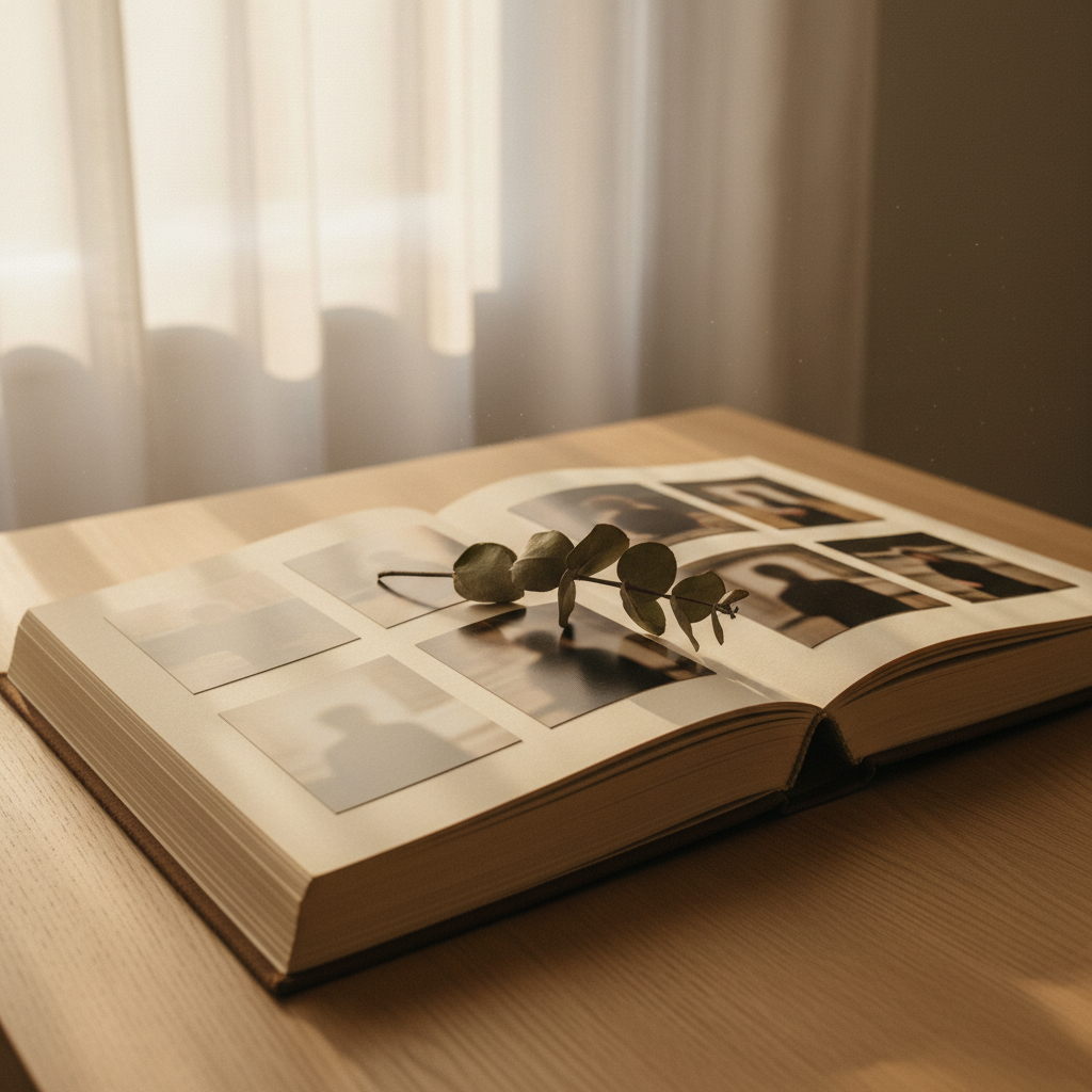 An open hardcover photo album resting on a light oak table, its pages filled with softly blurred, indistinct silhouettes of people in the prints, ensuring no clear human faces or bodies are visible. The album’s thick, matte pages curl slightly at the edges, suggesting years of gentle handling. A single dried eucalyptus sprig lies across the gutter, adding organic texture. Late afternoon window light filters through sheer curtains, highlighting dust motes in the air and creating a quiet, reflective mood. Photographic realism captured from a slightly elevated side angle, with a shallow depth of field that keeps the album spine and page edges in tack-sharp focus while the printed figures remain abstract and anonymous.